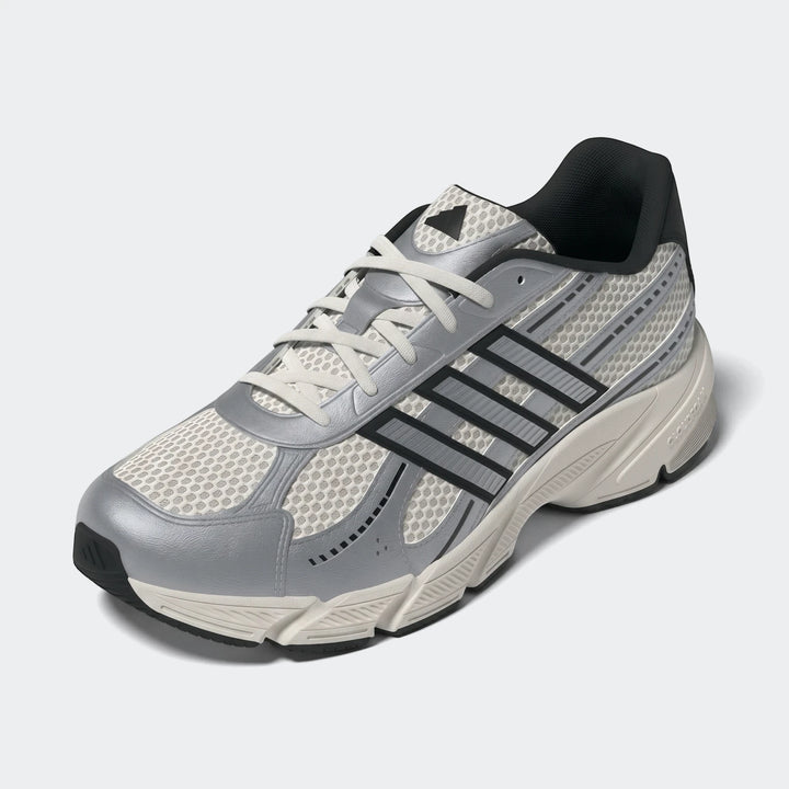Adidas Technochaos 2000 running shoes in white, silver, and black, featuring mesh and synthetic overlays.
