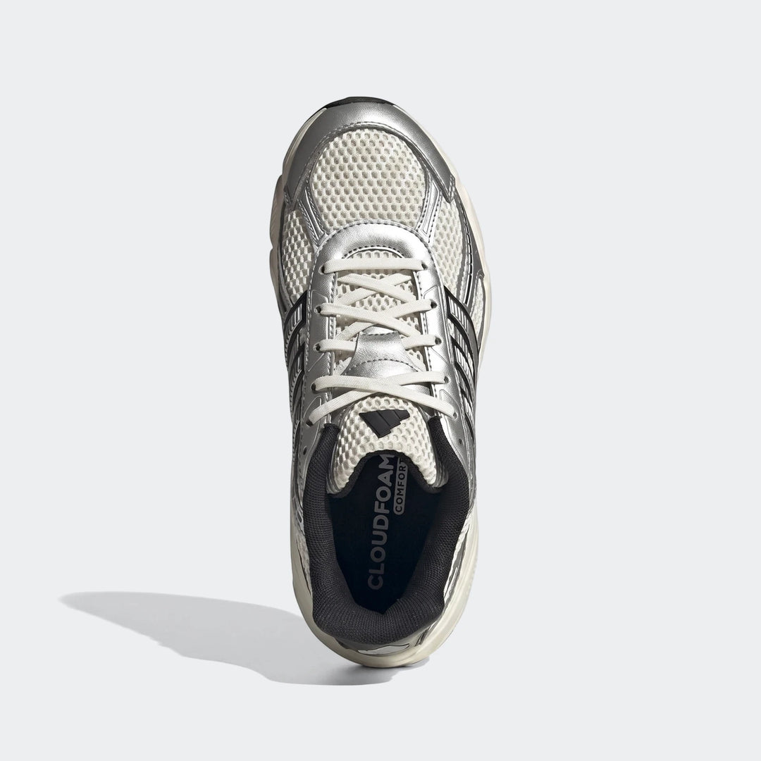 Adidas Technochaos 2000 Shoes in silver and white mesh, presented in a top-down view showcasing metallic details.