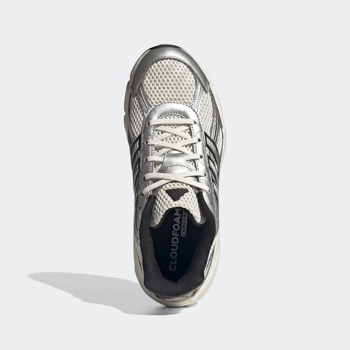Adidas Technochaos 2000 Shoes in silver and white mesh, presented in a top-down view showcasing metallic details.