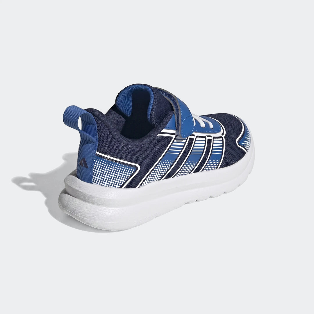 Adidas Tensaur Run 4.0 children's sneakers in navy blue and royal blue with white stripes, shown from a side-rear angle.