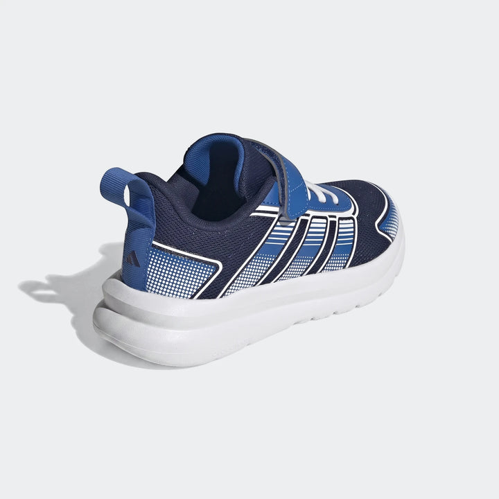Adidas Tensaur Run 4.0 children's sneakers in navy blue and royal blue with white stripes, shown from a side-rear angle.