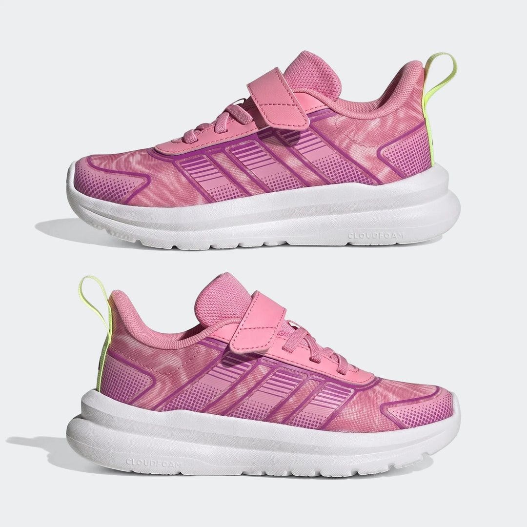 Two pink Adidas Tensaur Run 4.0 Children's athletic shoes with purple stripes and white soles, shown in a side view.