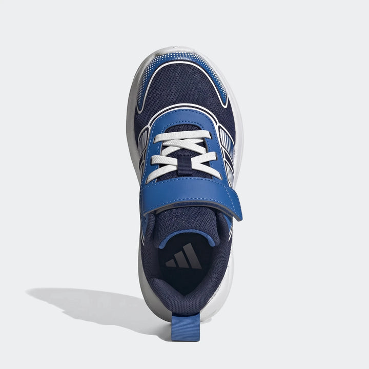 Children's Adidas Tensaur Run 4.0 shoes in navy blue, royal blue, and white, viewed from directly above.