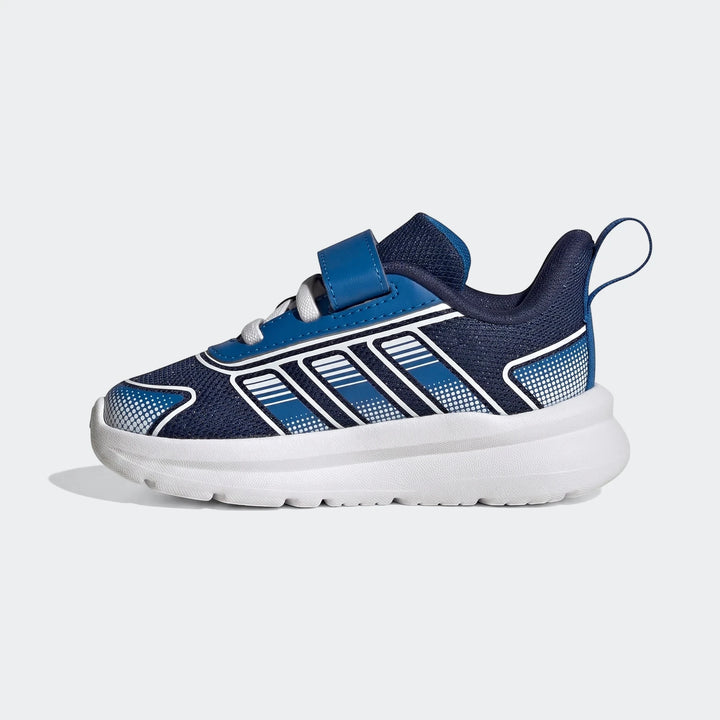 Infant Adidas Tensaur Run 4.0 shoes in navy blue and white, featuring a Velcro strap and white sole, viewed from the side.
