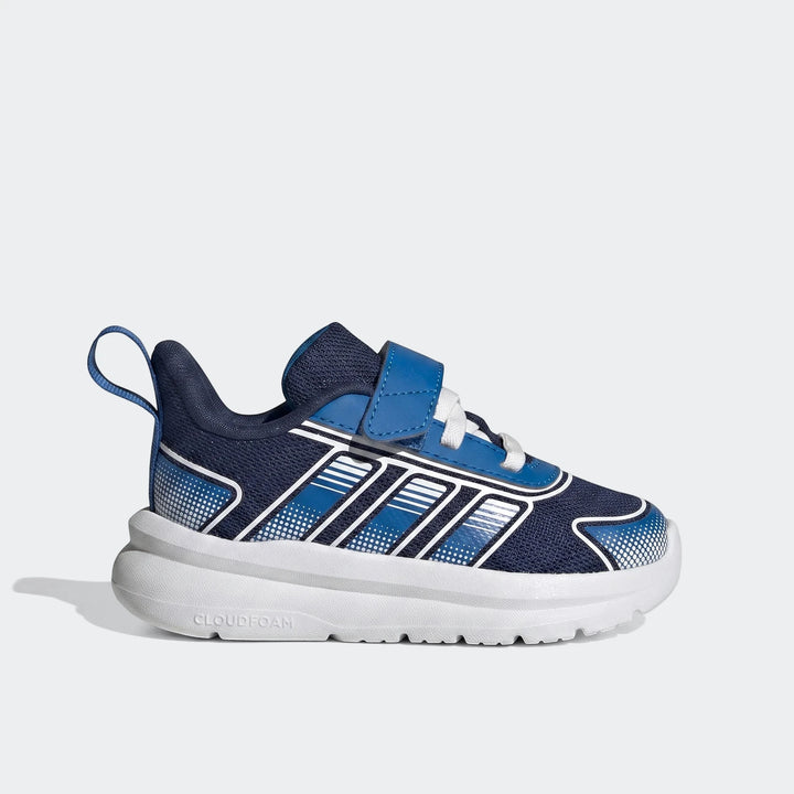 Adidas Tensaur Run 4.0 infant shoes in navy blue, royal blue, and white with a velcro strap, shown from the side.