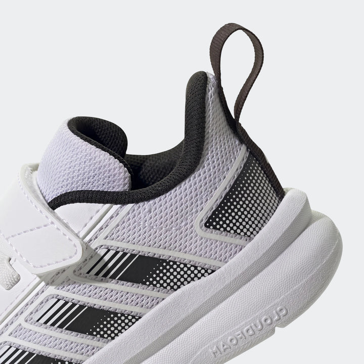 White and black Adidas Tensaur Run 4.0 infant's athletic shoe with a mesh upper, velcro strap, and heel pull tab.