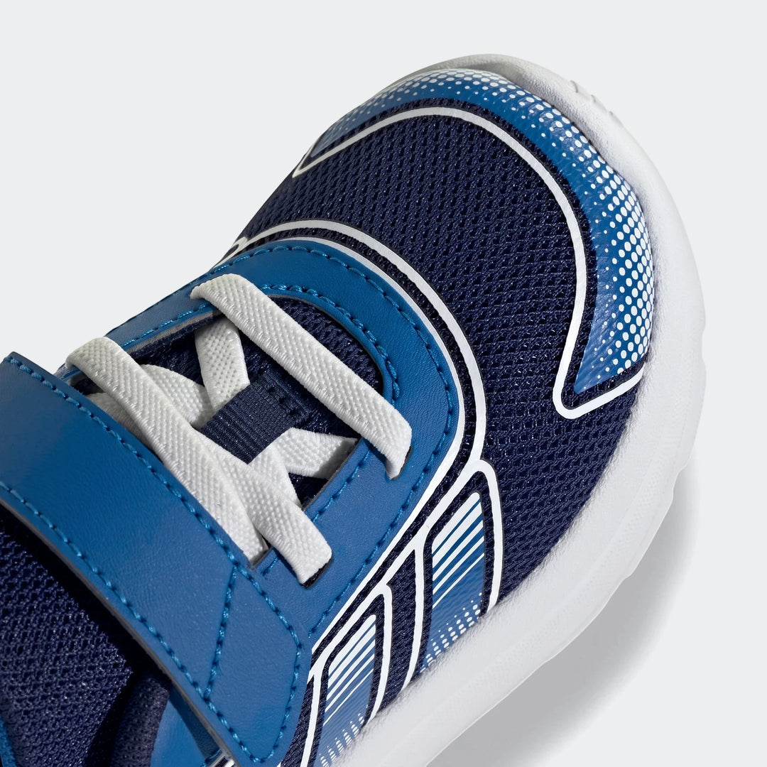 Close-up of Adidas Tensaur Run 4.0 Infants shoes in blue and white mesh with white laces, showing the front-top view.