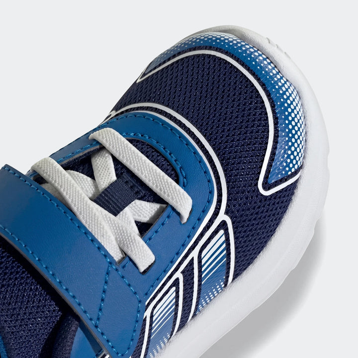 Close-up of Adidas Tensaur Run 4.0 Infants shoes in blue and white mesh with white laces, showing the front-top view.