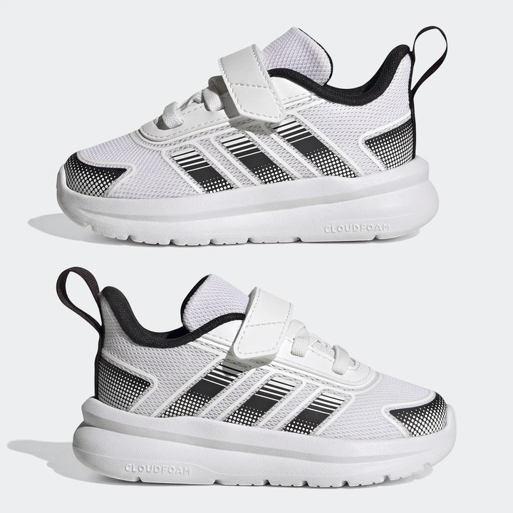 Pair of white and black Adidas Tensaur Run 4.0 infant shoes, featuring hook-and-loop closures and a side view. Ideal for