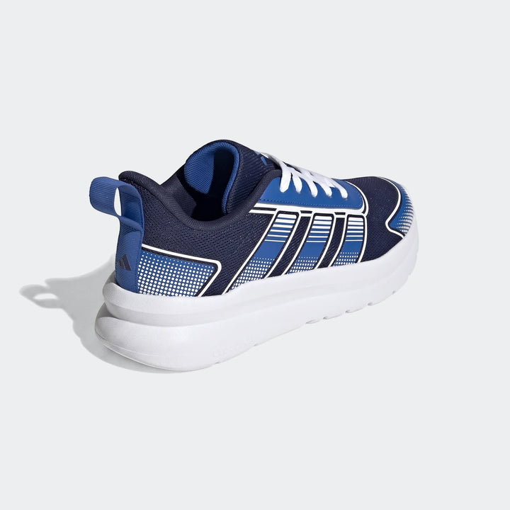 Adidas Tensaur Run 4.0 Junior shoes in blue and navy with a white sole, viewed from the side-rear on a white background.