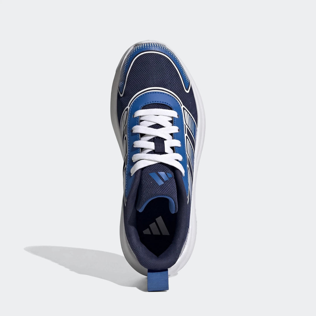 Adidas Tensaur Run 4.0 Junior shoes in navy blue, royal blue, and white, with white laces and classic stripe details, seen