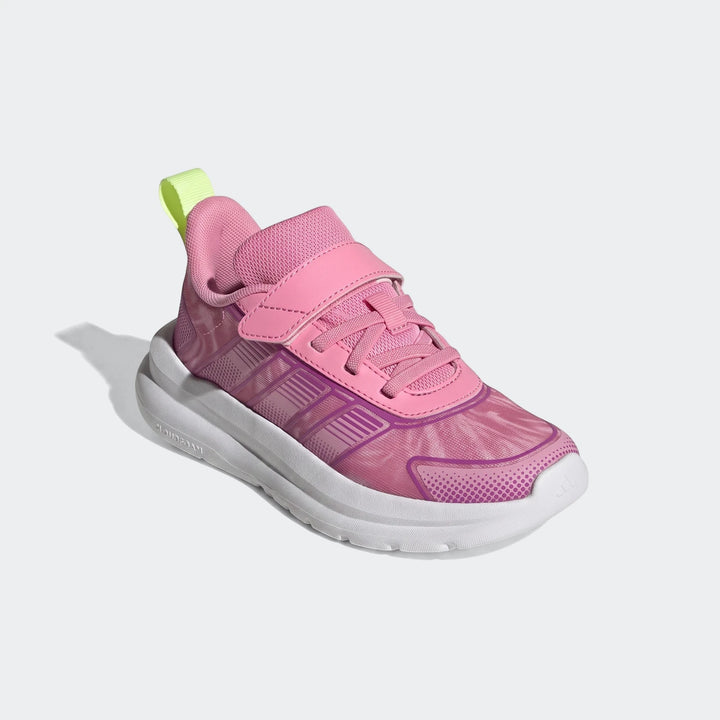 Adidas Tensaur Run 4.0 children's shoes in pink and purple with a white Cloudfoam sole and hook-and-loop strap.