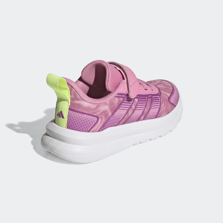Pink and purple Adidas Tensaur Run 4.0 shoes for children, featuring a white sole and lime green pull tab, angled view.