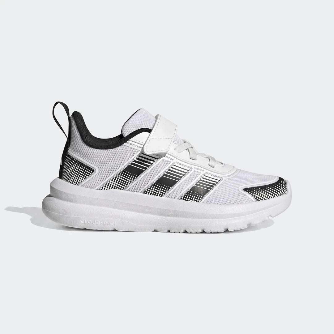White and black Adidas Tensaur Run 4.0 Children's Shoes with hook-and-loop closure and Cloudfoam sole, shown in a side view.