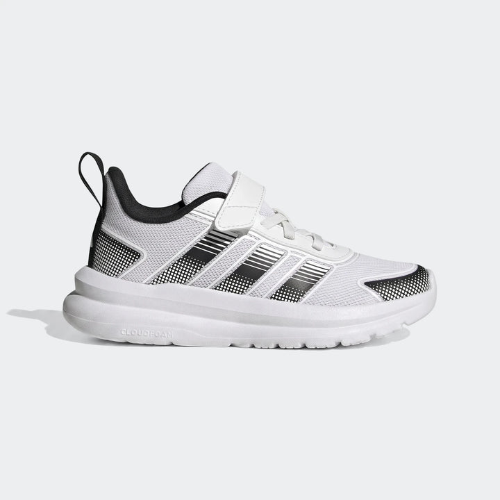 White and black Adidas Tensaur Run 4.0 Children's Shoes with hook-and-loop closure and Cloudfoam sole, shown in a side view.