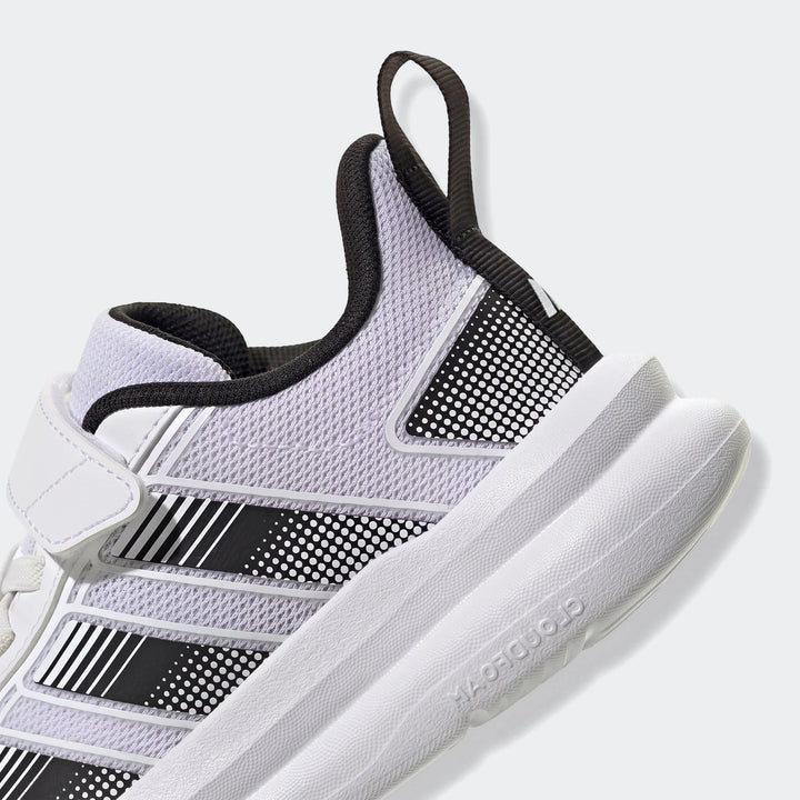 Close-up side view of Adidas Tensaur Run 4.0 children's athletic shoes in white and black mesh with a velcro strap and thick
