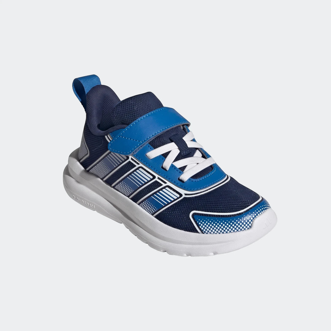 Children's Adidas Tensaur Run 4.0 shoes in navy blue and royal blue with white laces and sole, shown angled.