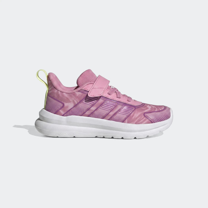 Children's Adidas Tensaur Run 4.0 shoes in pink and purple, featuring a hook-and-loop strap, shown from a side view.