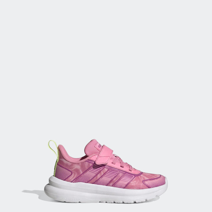 Pink and purple Adidas Tensaur Run 4.0 children's shoes with velcro straps, shown in a side profile view.