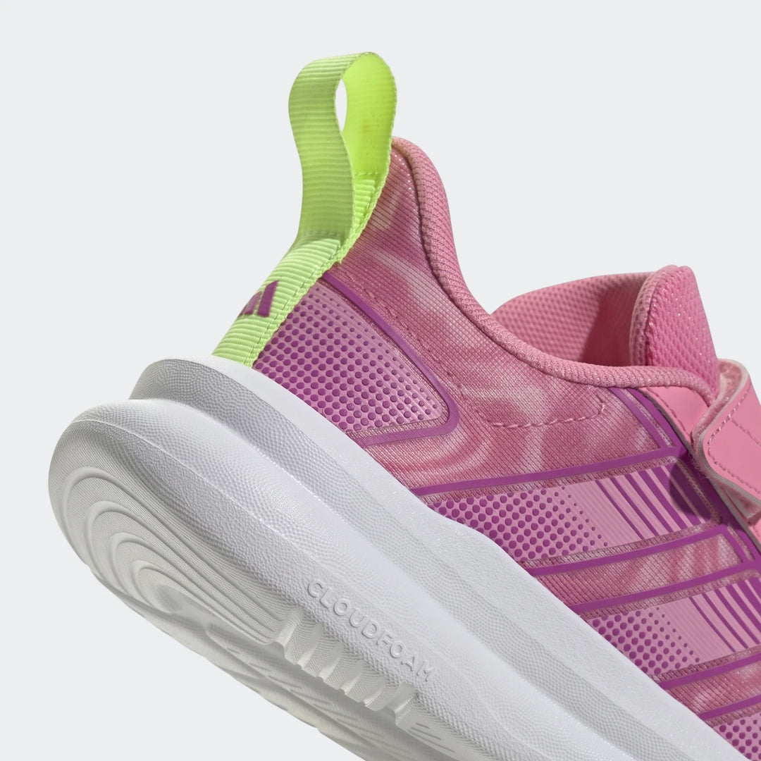 Close-up of a pink and purple Adidas Tensaur Run 4.0 Children's shoe, showcasing the white Cloudfoam sole, heel, and midfoot