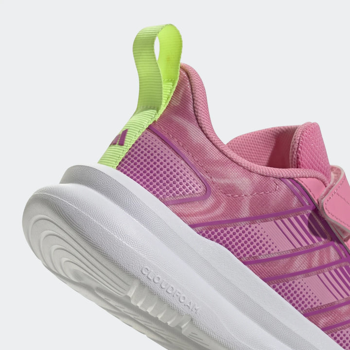 Close-up of a pink and purple Adidas Tensaur Run 4.0 Children's shoe, showcasing the white Cloudfoam sole, heel, and midfoot