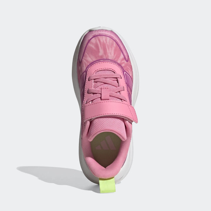 Top-down view of a pink Adidas Tensaur Run 4.0 children's shoe with a white sole and lime green pull tab.