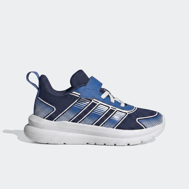 Blue and navy Adidas Tensaur Run 4.0 children's shoes with white stripes, velcro strap, and cloudfoam sole, side view.