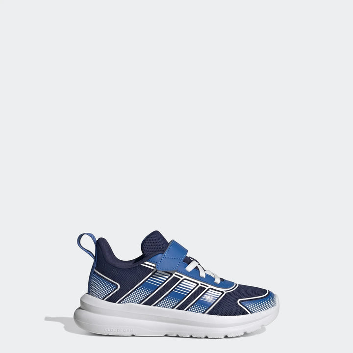 Adidas Tensaur Run 4.0 Children's Shoes in navy blue and white, side view with velcro strap.