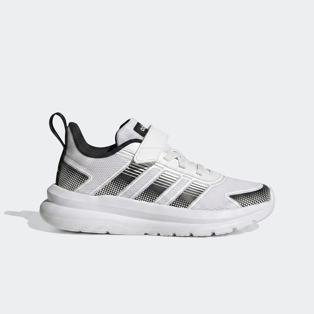 White and black Adidas Tensaur Run 4.0 children's shoes, featuring a hook-and-loop strap and mesh upper, viewed from the