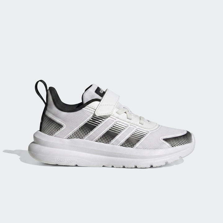 White and black Adidas Tensaur Run 4.0 children's shoes, featuring a hook-and-loop strap and mesh upper, viewed from the