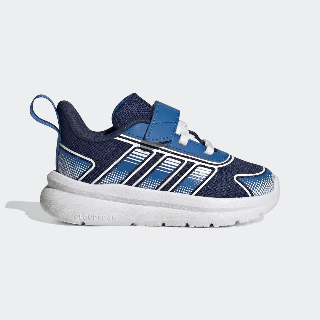 Adidas Tensaur Run 4.0 infant shoes in navy blue, royal blue, and white with a hook-and-loop strap, shown in a side view.