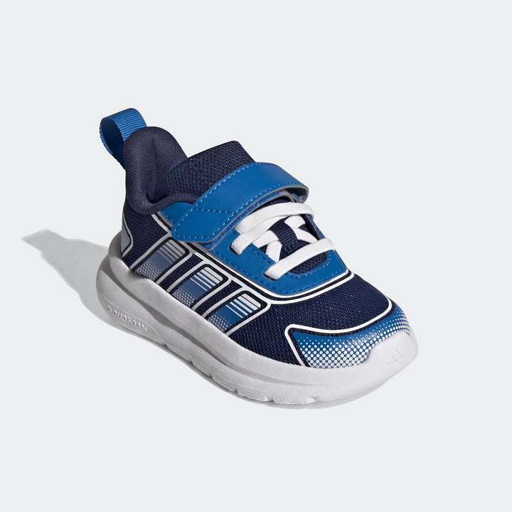 Adidas Tensaur Run 4.0 Infants shoes in navy blue, royal blue, and white with hook-and-loop strap closure.