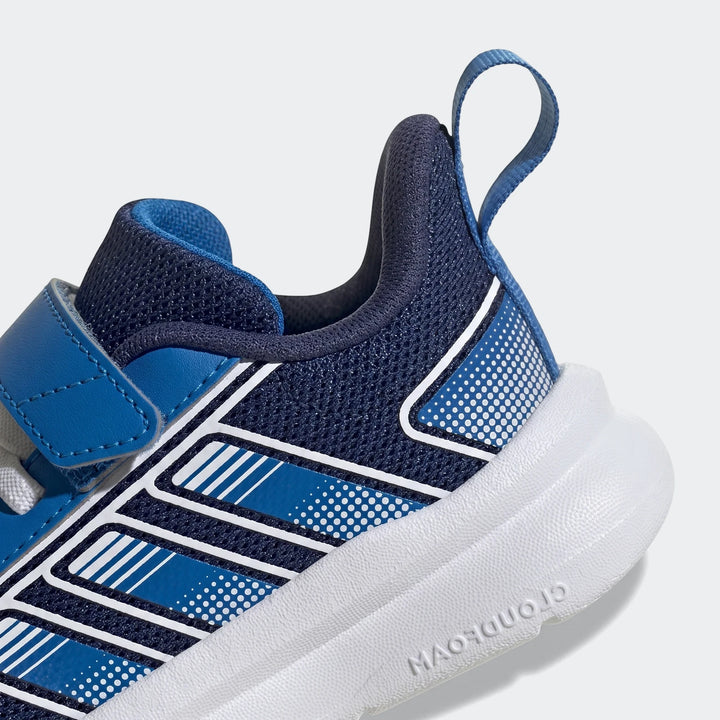 Adidas Tensaur Run 4.0 Infants Shoes, side view, in navy blue and royal blue with white details.