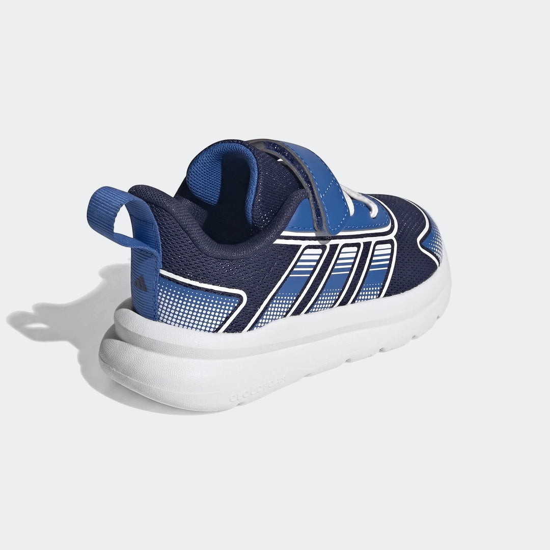 Adidas Tensaur Run 4.0 Infants Shoes in navy blue and royal blue with a hook-and-loop closure, viewed from the back-right.