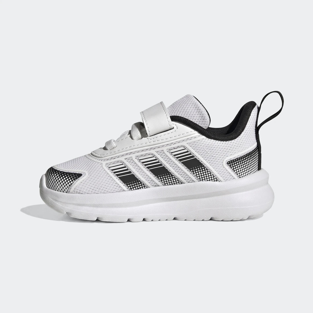 White and black Adidas Tensaur Run 4.0 Infants Shoes with a hook-and-loop strap, shown in a side profile view.