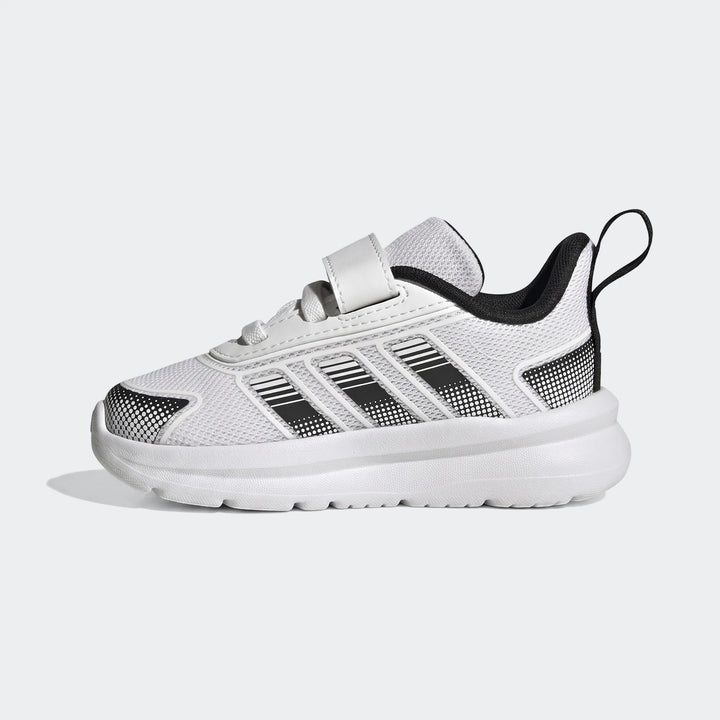 White and black Adidas Tensaur Run 4.0 Infants Shoes with a hook-and-loop strap, shown in a side profile view.