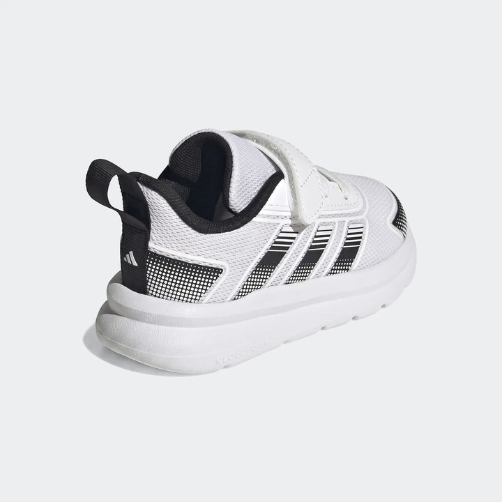 Adidas Tensaur Run 4.0 Infants Shoes in white and black, featuring hook-and-loop strap closure, shown in a rear-side view.