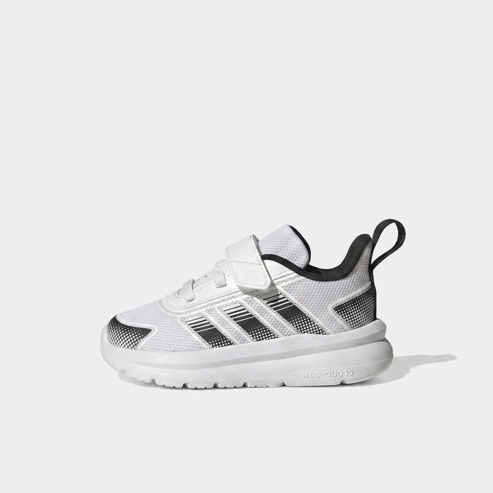 White Adidas Tensaur Run 4.0 Infants Shoes with black stripes and dotted patterns, featuring a mesh upper and a convenient