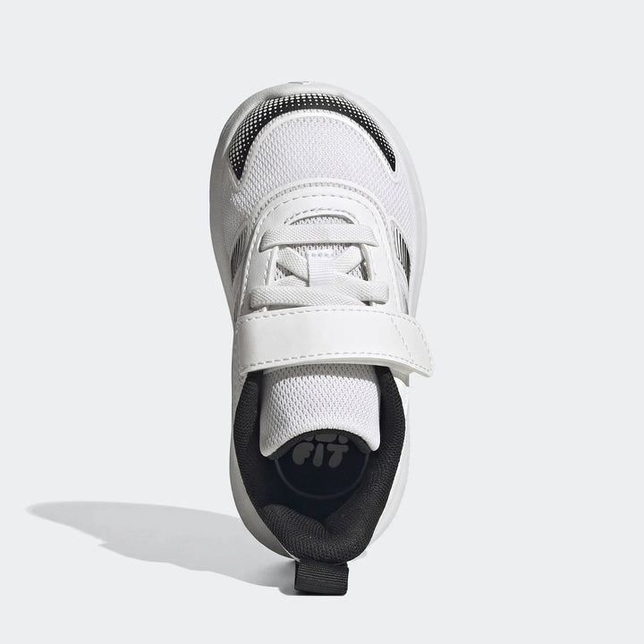 White Adidas Tensaur Run 4.0 infant shoes with mesh upper and hook-and-loop strap, seen from a top-down view.