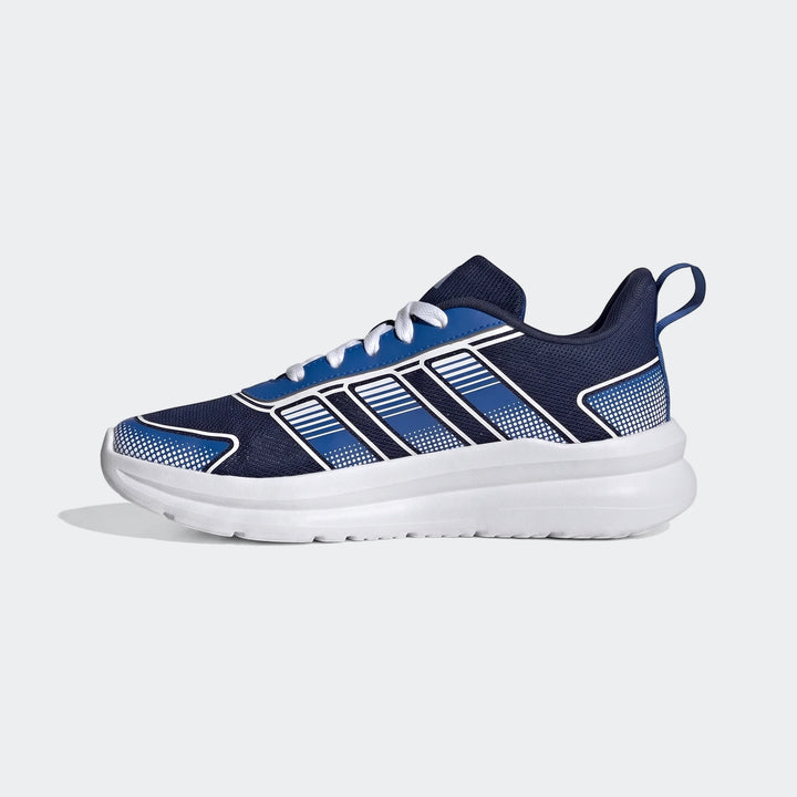 Adidas Tensaur Run 4.0 Junior shoes in navy blue and royal blue with white stripes and sole, viewed from the side.