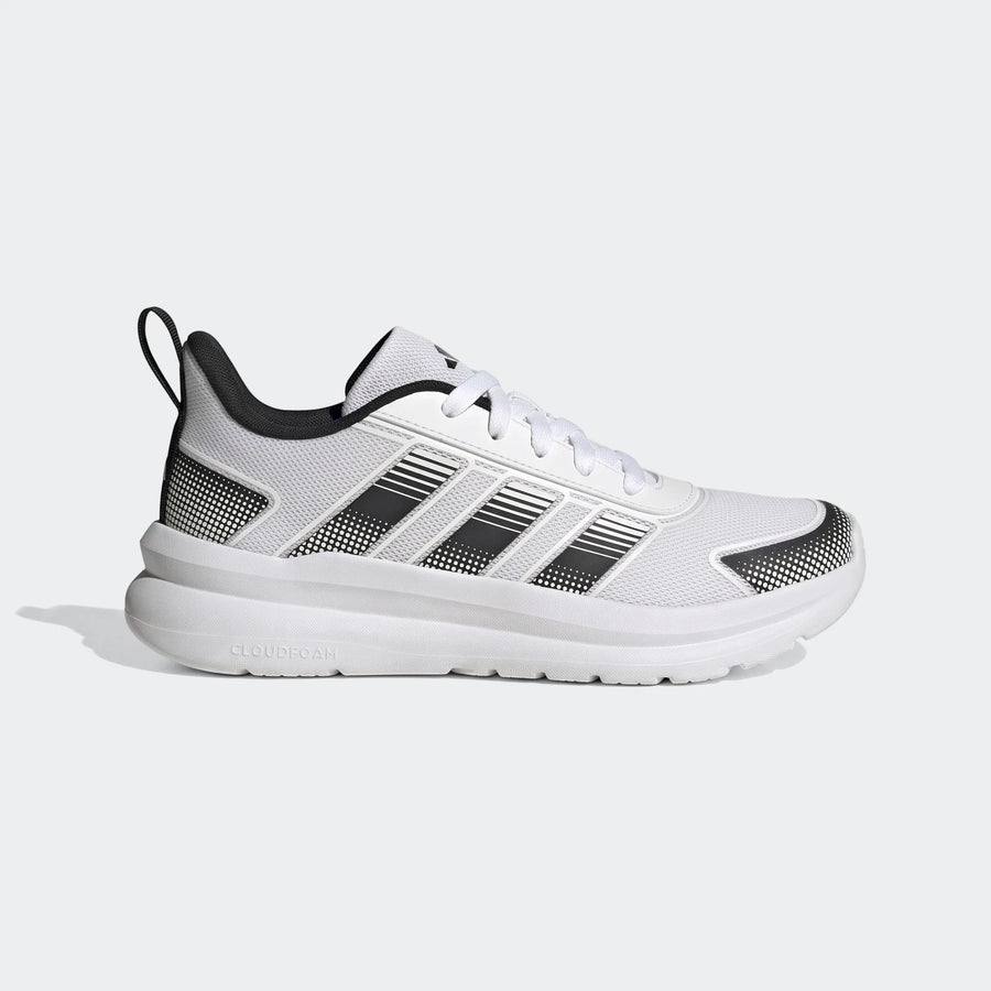 Junior Adidas Tensaur Run 4.0 running shoes in white with black stripes and dotted patterns, shown from the side.