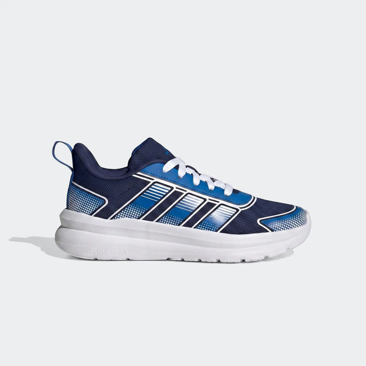 Dark blue and white Adidas Tensaur Run 4.0 Junior athletic shoes, featuring mesh upper, white laces, and Cloudfoam sole,