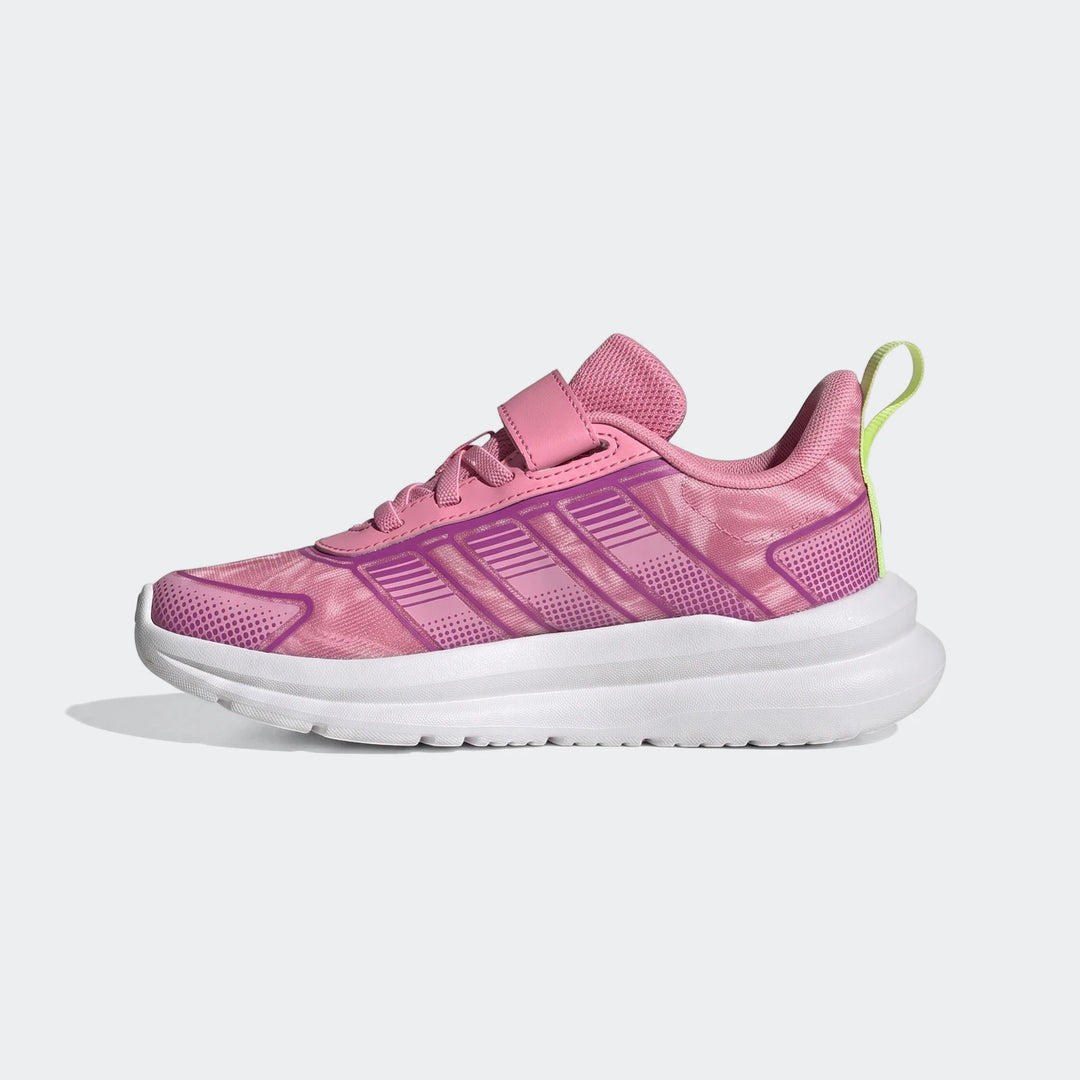 Pink and purple Adidas Tensaur Run 4.0 kids' running shoes with a white sole, shown from a side view.