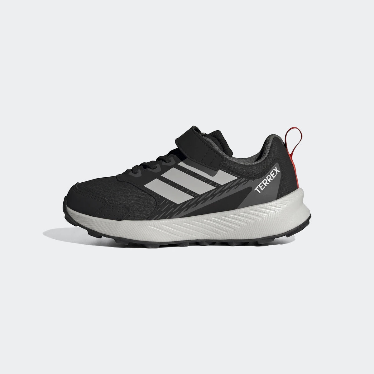 Black and grey Adidas Terrex Tracefinder Cf C kids' trail running shoe, featuring a white sole and a secure hook-and-loop