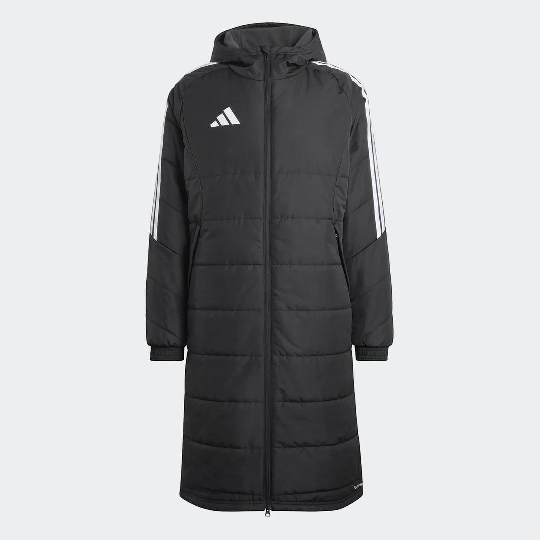 Black Adidas Tiro 26 long hooded puffer coat with white stripes and logo, displayed upright.