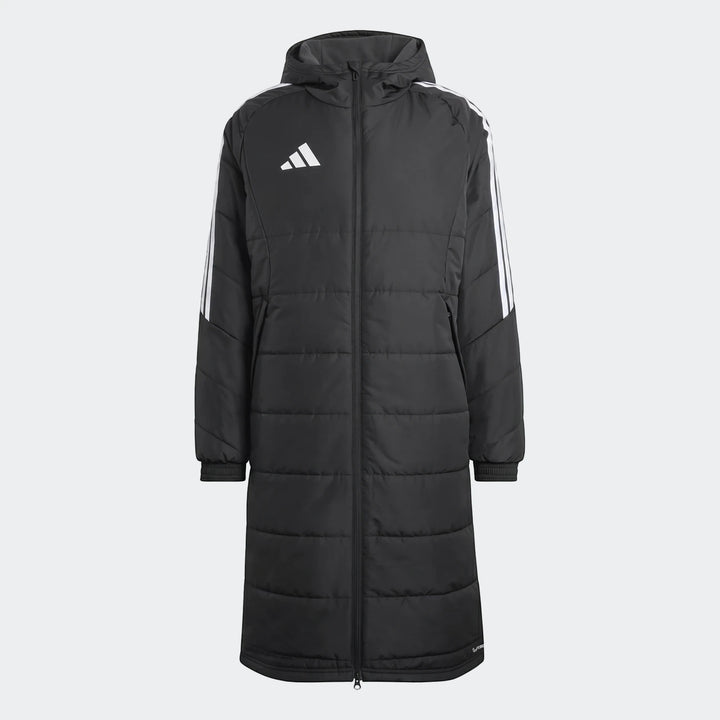 Black Adidas Tiro 26 long hooded puffer coat with white stripes and logo, displayed upright.