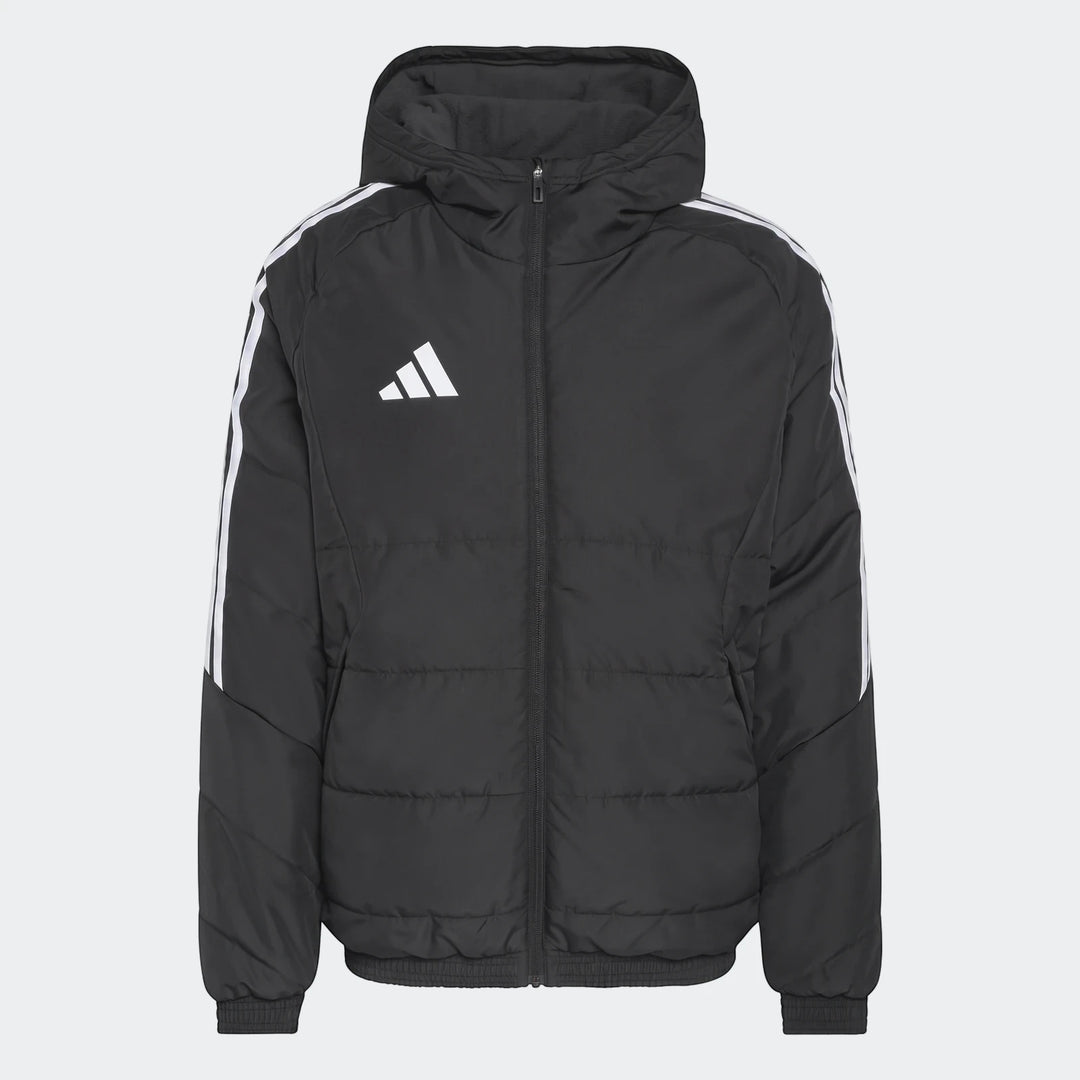 Black Adidas Tiro 26 Windbreaker Jacket, front view, featuring white stripes on sleeves and a full zipper.
