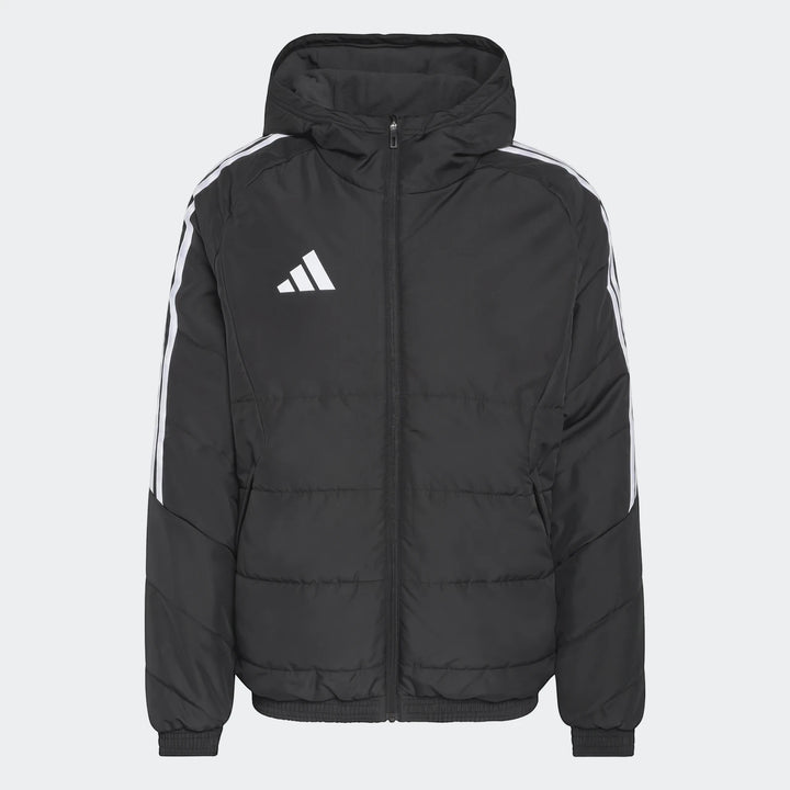 Black Adidas Tiro 26 Windbreaker Jacket, front view, featuring white stripes on sleeves and a full zipper.