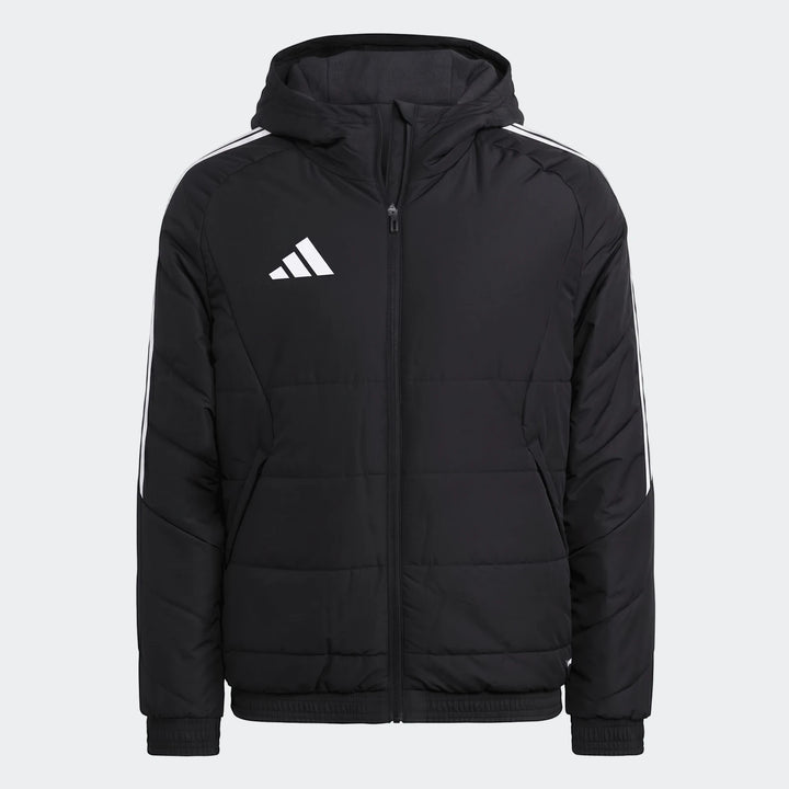 Black Adidas Tiro 26 Windbreaker Jacket with hood, full zip, and white 3-stripes on sleeves. Features a padded design and