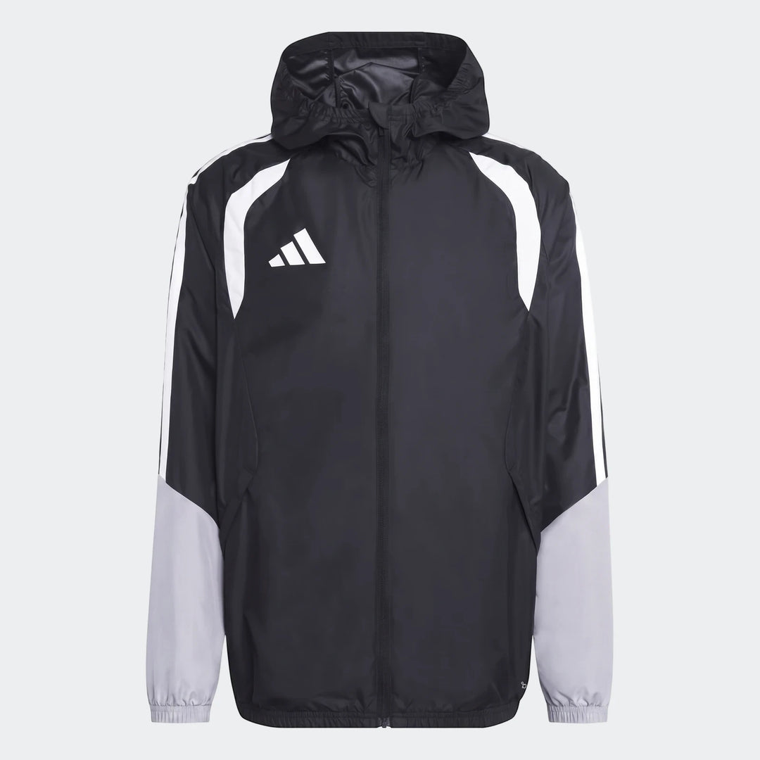 Adidas Tiro 26 Competition All-Weather Jacket in black and light grey, front view, with white stripes and logo.